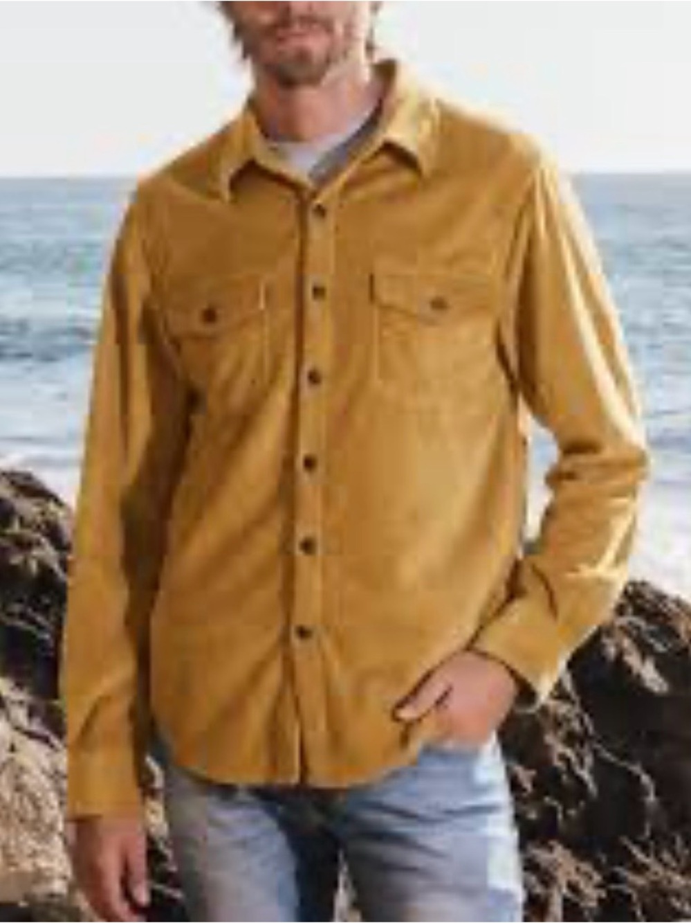 Corduroy Long-Sleeve Button-Down Shirt in Mustard Yellow